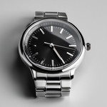 Silver watch with a black face on a gray background