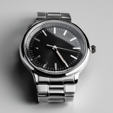 Silver watch with a black face on a gray background