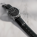 Minimalist Black Leather Strap and Black Dial Watch 40mm