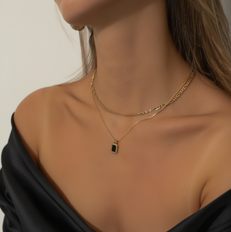 Chain Necklace for Women – Double Layer Chain with Black Onyx Pendant