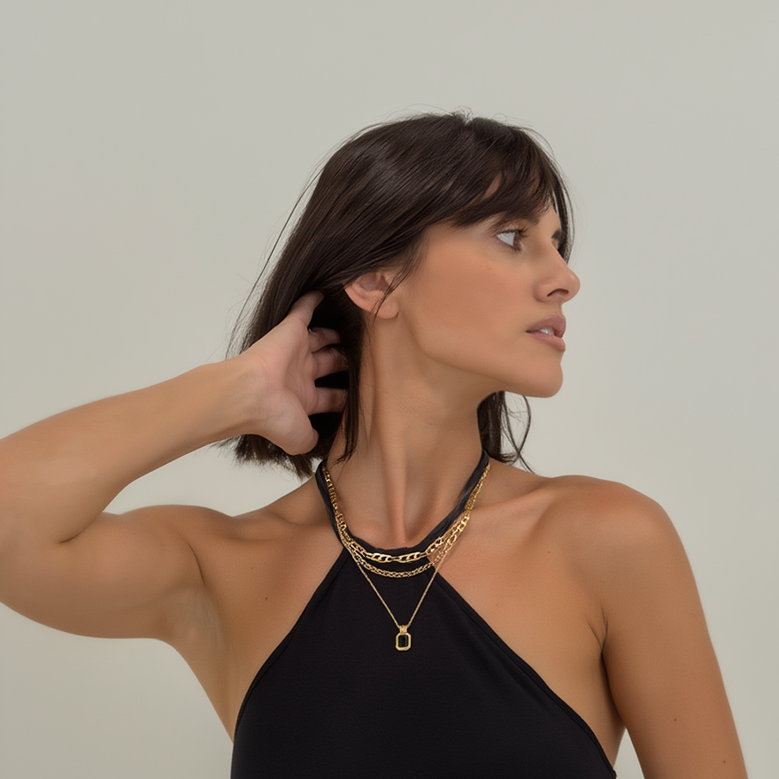 Chain Necklace for Women – Double Layer Chain with Black Onyx Pendant