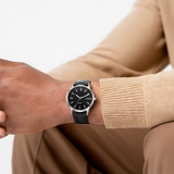 Minimalist Black Leather Strap and Black Dial Watch 40mm