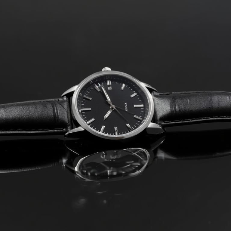 Black wristwatch with a reflective surface on a dark background