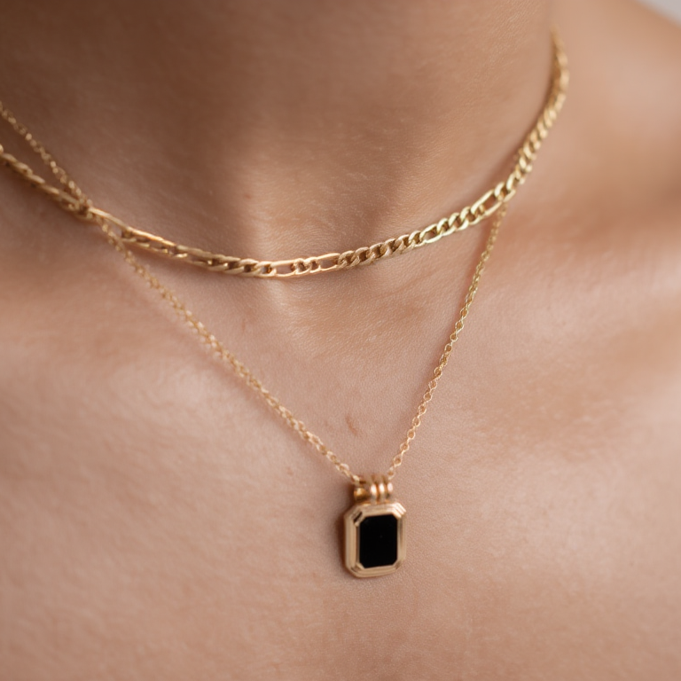 Chain Necklace for Women – Double Layer Chain with Black Onyx Pendant