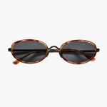 Sunglasses with brown frame and dark lenses on a white background